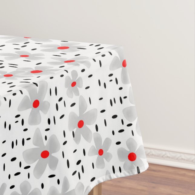 gray with red flowers on white background retro tablecloth (In Situ)