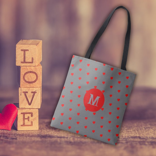Gray with Red Hearts Monogramed Letter  Tote Bag (Creator Uploaded)