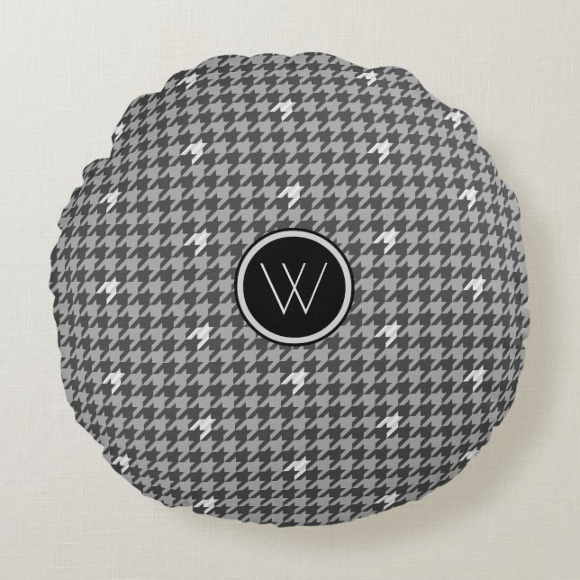 Gray with Silver Accent Houndstooth Round Pillow (Front)