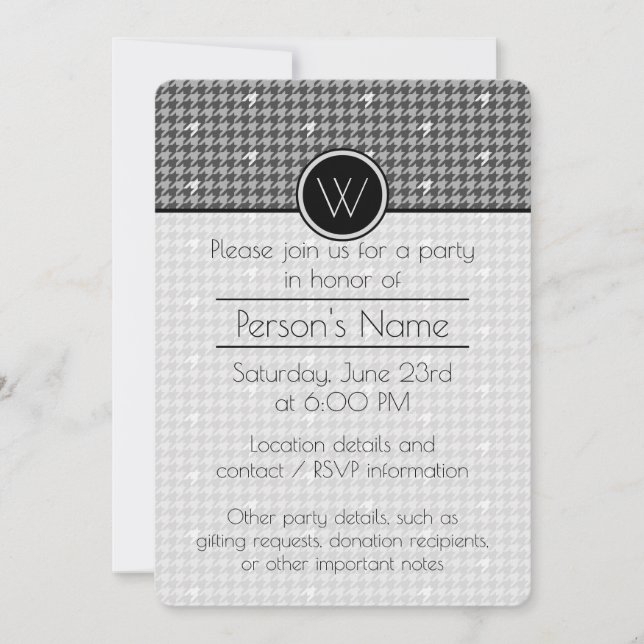 Gray with Silver Houndstooth Party Invitation (Front)