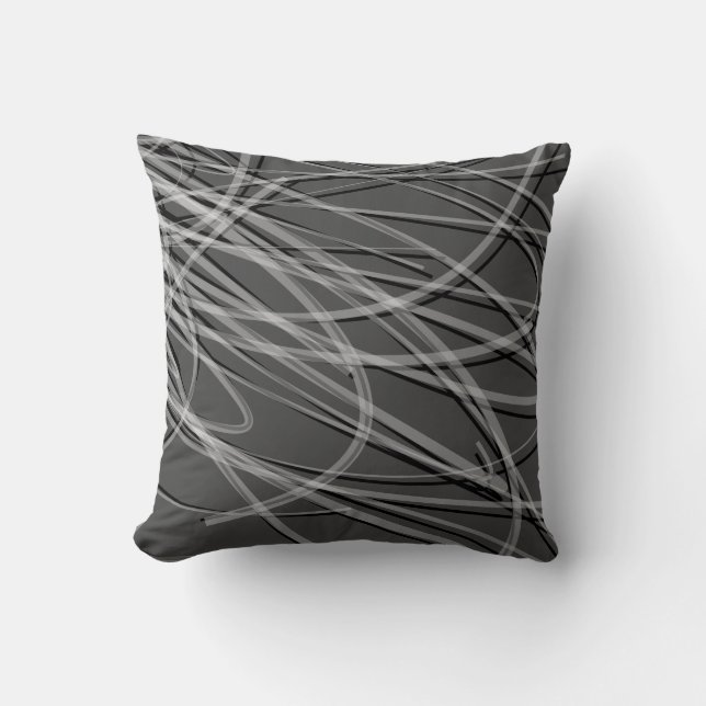 Gray with White & Black Abstract Ribbons Throw Pillow (Front)