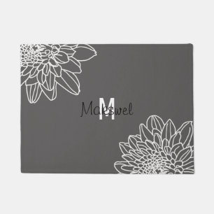 Gray With White Flowers Welcome Door Mat