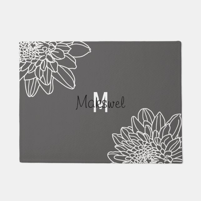 Gray With White Flowers Welcome Door Mat (Front)