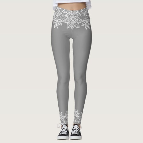 Gray with White Lace Look Spandex Leggings