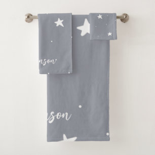 Gray with White Stars Personalized Bath Towel Set