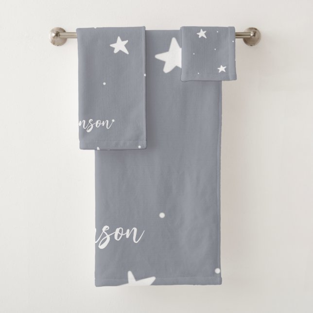 Gray with White Stars Personalized Bath Towel Set (Insitu)