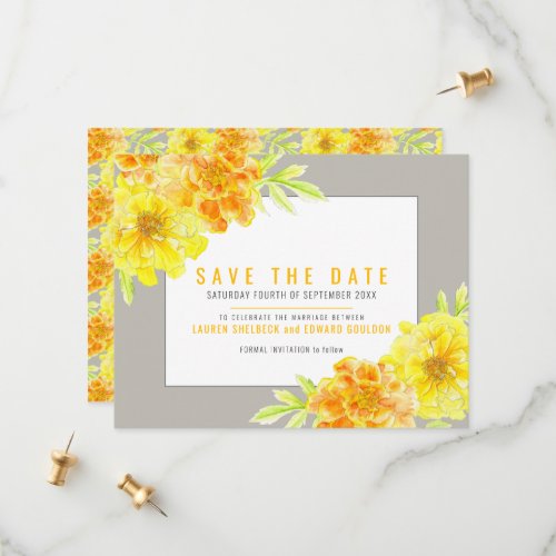 Gray with yellow marigolds watercolor wedding save the date