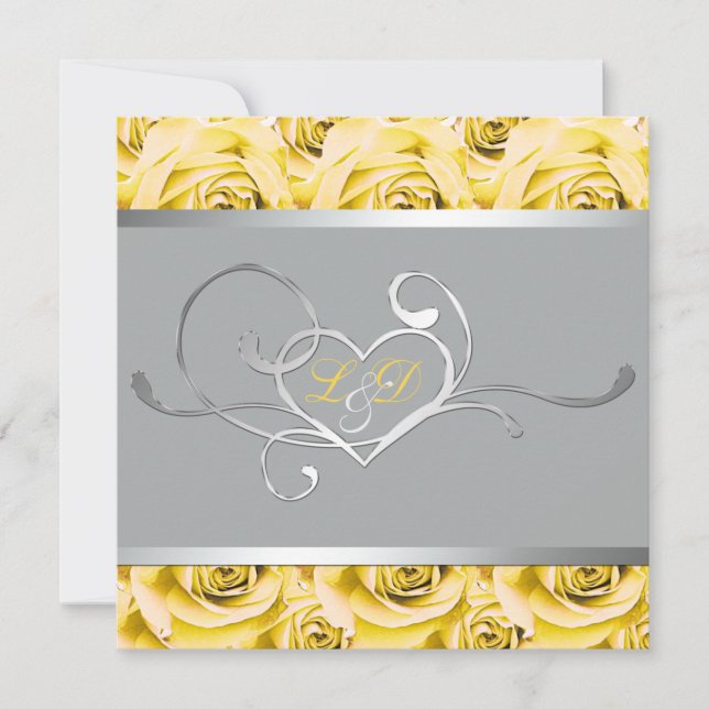 Gray with Yellow Roses Monogrammed Invitation (Front)