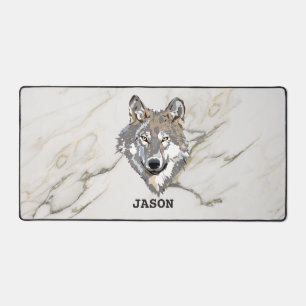 Gray Wolf And Marble Stone Desk Mat