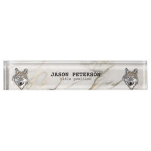 Gray Wolf And Marble Stone Desk Name Plate