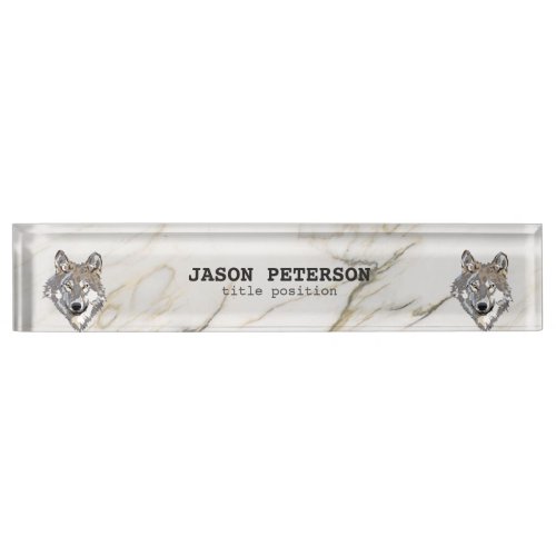 Gray Wolf And Marble Stone Desk Name Plate