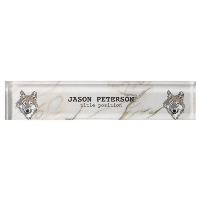 Gray Wolf And Marble Stone Desk Name Plate (Front)