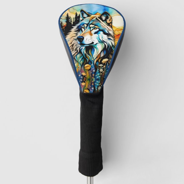 Gray wolf and Wildflowers Golf Head Cover (Front)