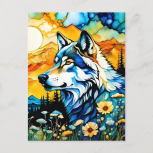 Gray wolf and Wildflowers Postcard