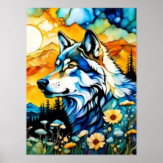Gray wolf and Wildflowers