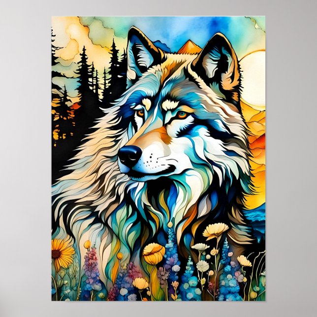 Gray wolf and Wildflowers Poster (Front)
