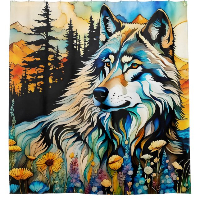 Gray wolf and Wildflowers Shower Curtain (Front)