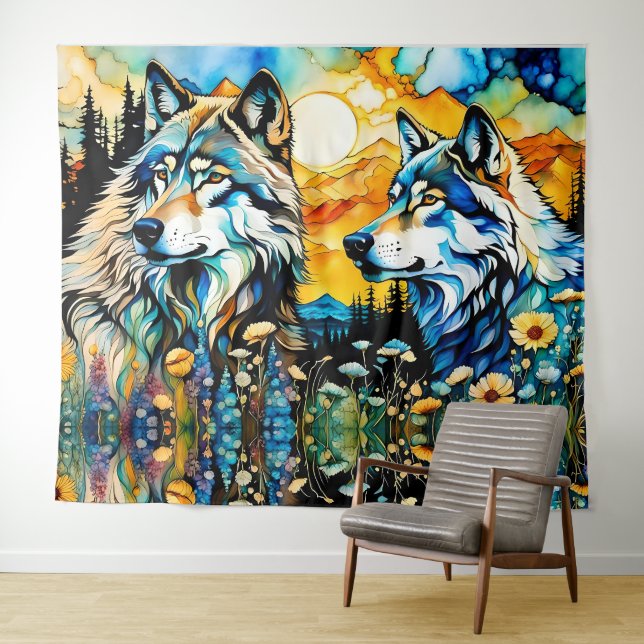 Gray wolf and Wildflowers Tapestry (In Situ (Horizontal))