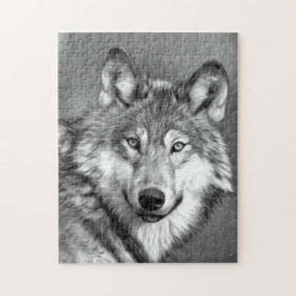 Gray Wolf Art Painting Graphic | Black and White Jigsaw Puzzle