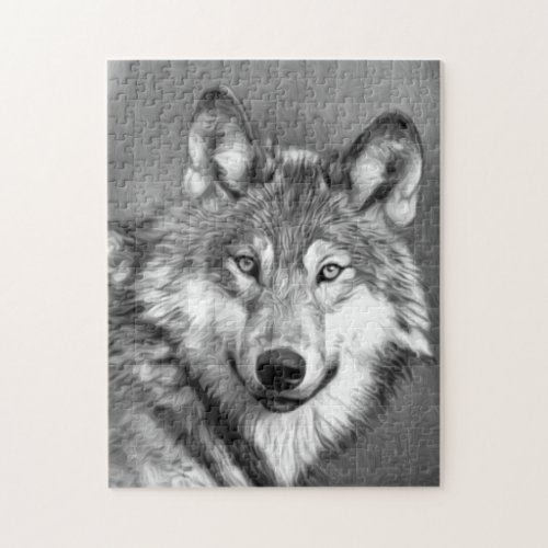Gray Wolf Art Painting Graphic  Black and White Jigsaw Puzzle