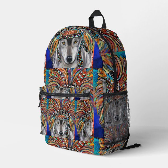 Gray Wolf Art Printed Backpack (Back Corner Right)