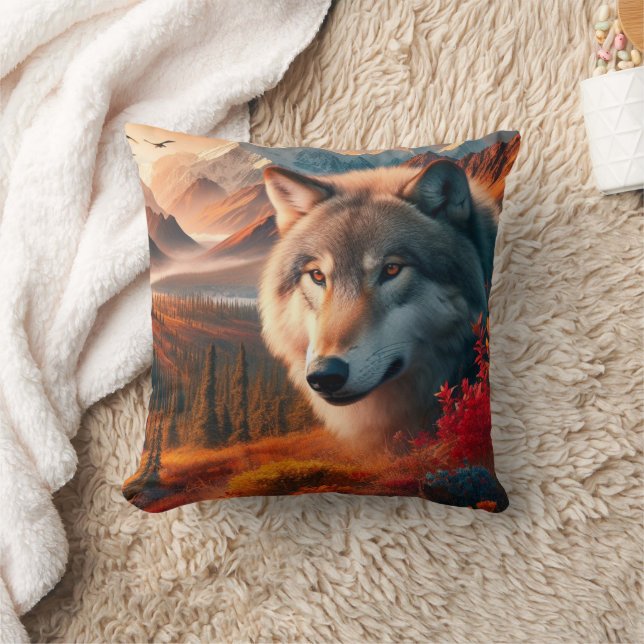 Gray Wolf at Sunset Wolf Lovers  Throw Pillow (Blanket)