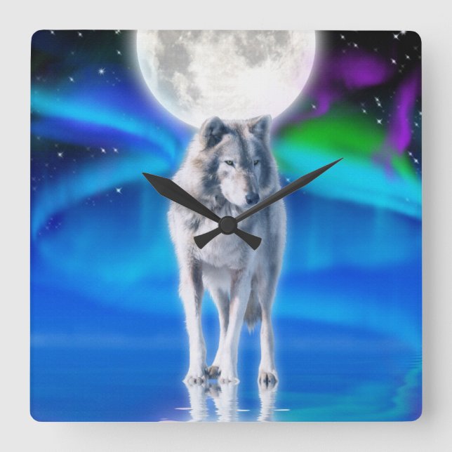 Gray Wolf & Aurora Moon Wildlife Art Clock (Front)