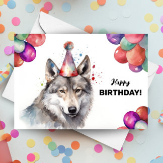 Gray Wolf Balloons and Party Hat Wild Birthday Card