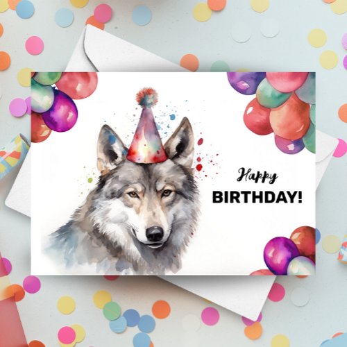 Gray Wolf Balloons and Party Hat Wild Birthday  Card