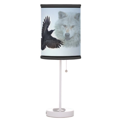 Gray Wolf  Black Raven Wildlife Fantasy Art Table Lamp
