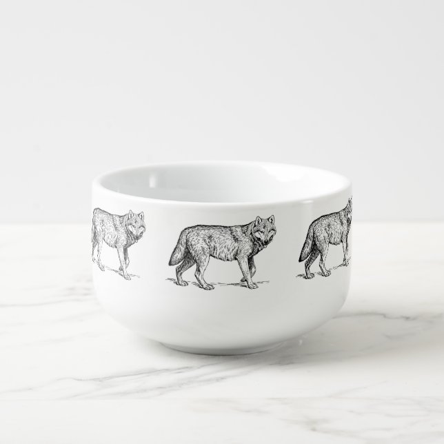 Gray Wolf Elegant Ink Drawing Soup Mug (Front)