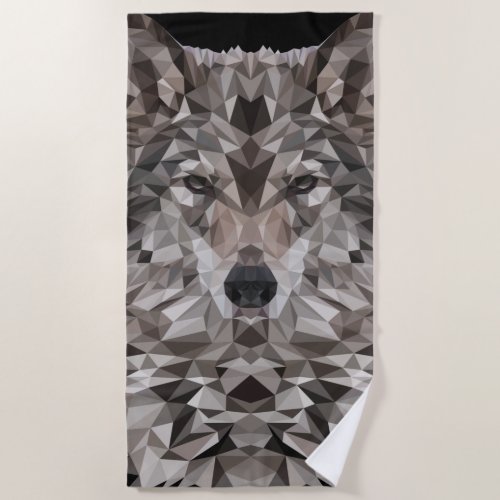 Gray Wolf Geometric Portrait Beach Towel