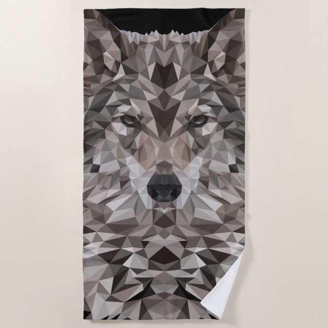 Gray Wolf Geometric Portrait Beach Towel (Front)