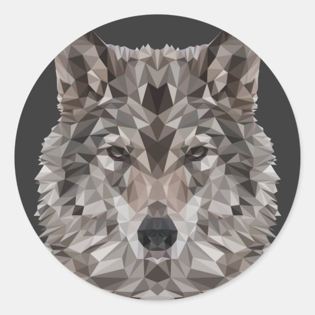 Gray Wolf Geometric Portrait Classic Round Sticker (Front)