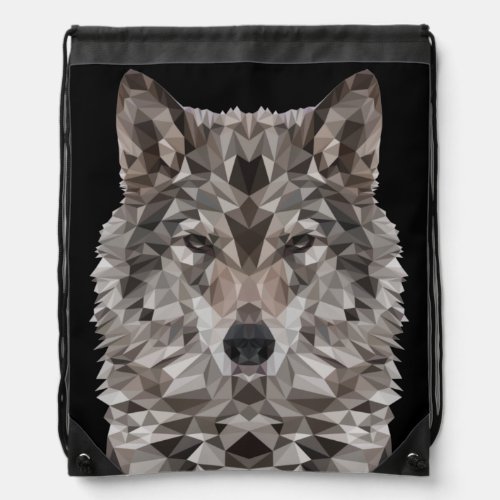 Gray Wolf Geometric Portrait Drawstring Bag