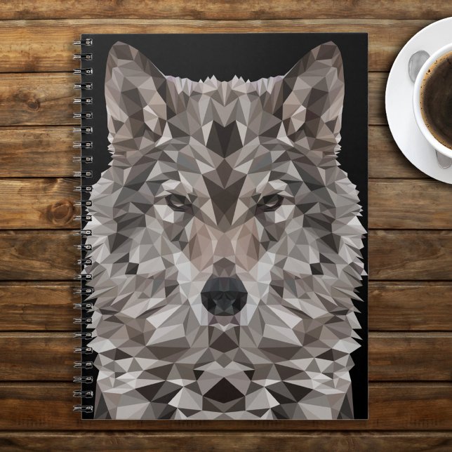 Gray Wolf Geometric Portrait Notebook (Lone Wolf Geometric Design Notebook on Rustic Wooden Tabletop)
