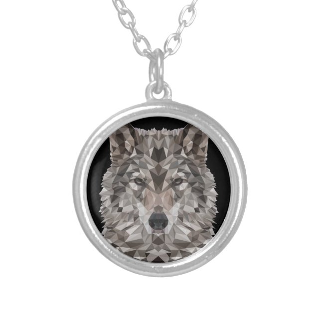 Gray Wolf Geometric Portrait Silver Plated Necklace (Front)