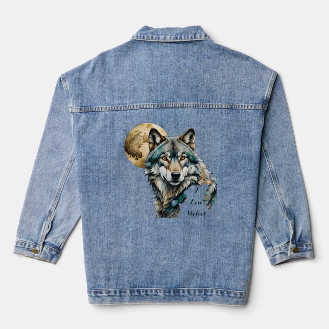 Gray Wolf & Gold Moon Teal *Personalize* Denim Jacket (Back)