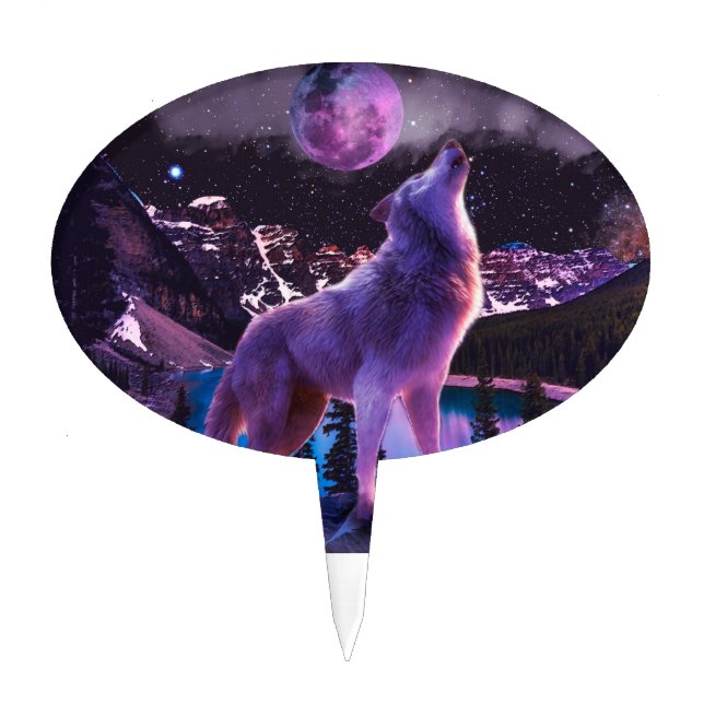 Gray wolf howling in forest cake topper (Front)