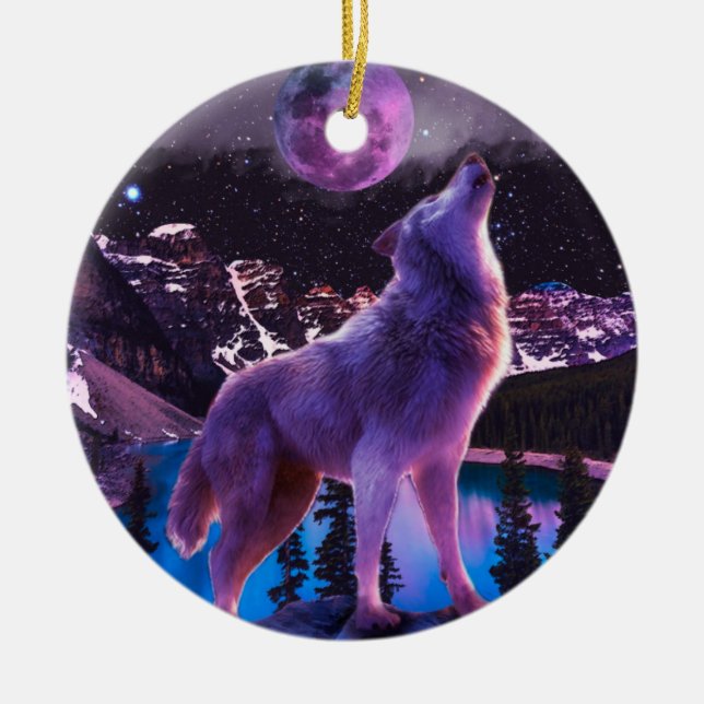 Gray wolf howling in forest ceramic ornament (Front)