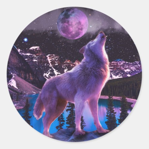 Gray wolf howling in forest classic round sticker