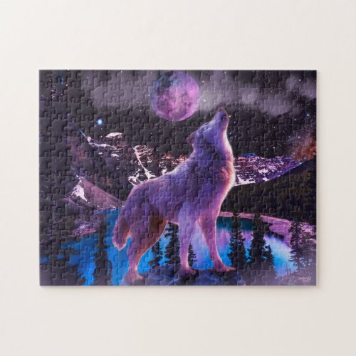 Gray wolf howling in forest jigsaw puzzle