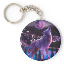 Gray wolf howling in forest keychain