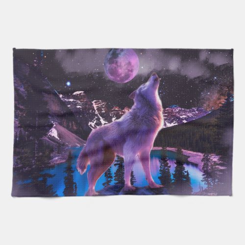 Gray wolf howling in forest kitchen towel