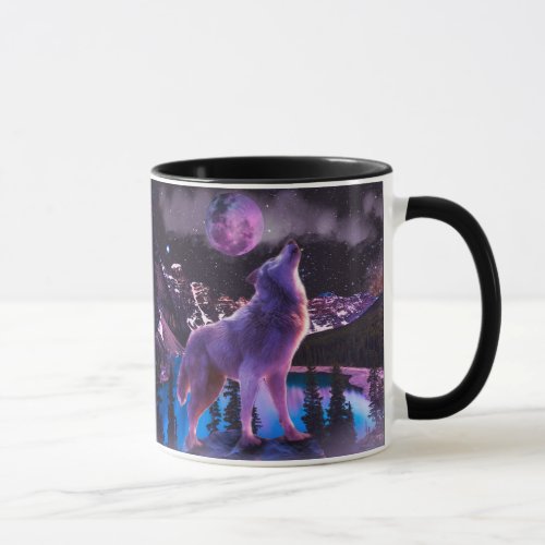 Gray wolf howling in forest mug