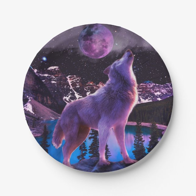 Gray wolf howling in forest paper plates (Front)