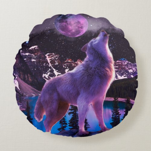 Gray wolf howling in forest round pillow