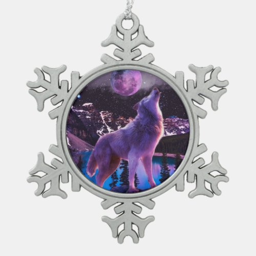 Gray wolf howling in forest snowflake pewter christmas ornament