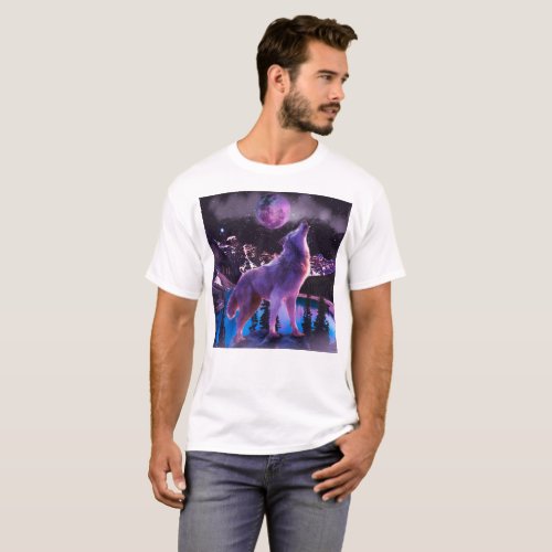 Gray wolf howling in forest T_Shirt