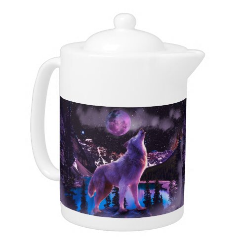 Gray wolf howling in forest teapot